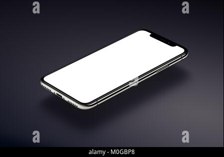 Ähnlich wie das iPhone X perspektivische Ansicht Isometrische smartphone Mockup schwebt über eine dunkle Oberfläche. Neue rahmenlose Smartphone mockup mit weißer Bildschirm. Stockfoto