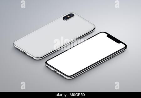 Perspektivische Ansicht Isometrische white Smartphone ähnlich iPhone X mockup. Neue rahmenlose smartphone Rückseite und Vorderseite mockup. Stockfoto