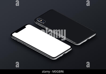 Perspektivische Ansicht Isometrische white Smartphone ähnlich iPhone X mockup. Neue rahmenlose smartphone Rückseite und Vorderseite mockup. Stockfoto