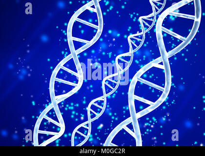 Digitale Modelle der DNA-Struktur und magische Funken auf abstrakte blauen Hintergrund. 3D render Stockfoto