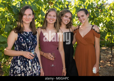 Portrait von vier jungen Frauen in formale Abnutzung gekleidet und halten Gläser mit Getränke; Cobble Hill, British Columbia, Kanada Stockfoto