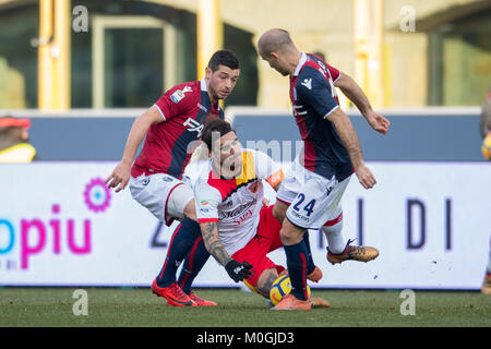 Benito Nicolas Viola (C) von Benevent, Blerim Dzemaili (L) und Rodrigo Sebastián Palacio von Bologna in Erie der Italienischen eine "Übereinstimmung zwischen FC Bologna 3-0 Benevento Calcio im Stadio Renato Dall'Ara am 21. Januar 2018 in Bologna, Italien. (Foto von Maurizio Borsari/A Stockfoto