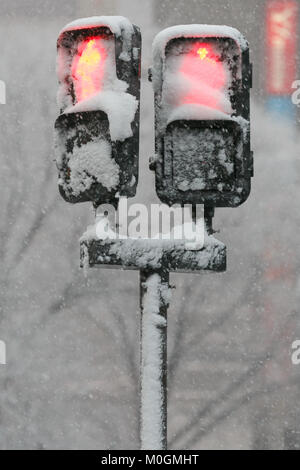 Tokio, Japan. 22 Jan, 2018. Ampeln sind unter dem ersten Schneefall in Tokio des Jahres am Januar 22, 2018, Tokyo, Japan gesehen. Dieses Jahr Schnee kam Ende Januar in Tokio Unterbrechung der öffentlichen Verkehrsmittel in der Stadt. Credit: Rodrigo Reyes Marin/LBA/Alamy leben Nachrichten Stockfoto