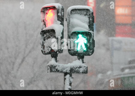 Tokio, Japan. 22 Jan, 2018. Ampeln sind unter dem ersten Schneefall in Tokio des Jahres am Januar 22, 2018, Tokyo, Japan gesehen. Dieses Jahr Schnee kam Ende Januar in Tokio Unterbrechung der öffentlichen Verkehrsmittel in der Stadt. Credit: Rodrigo Reyes Marin/LBA/Alamy leben Nachrichten Stockfoto