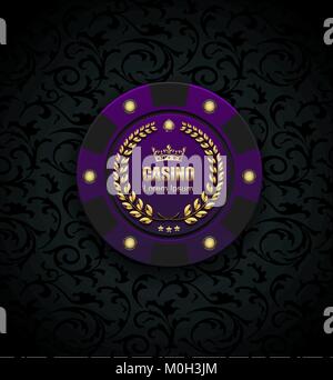 VIP Poker Luxus lila Chip casino Vector Logo Konzept. Royal Poker Club Emblem mit goldenen Krone, Lorbeerkranz und Spaten auf schwarzem Blumenmuster Stock Vektor