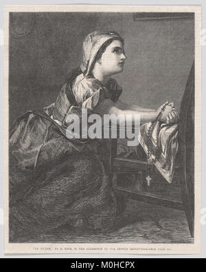 Dieser Stich aus der „Illustrated London News“ mit dem Titel „La Priére“ präsentiert eine religiöse Szene, die Hingabe und Glauben betont. Das Kunstwerk begleitete Publikationsinhalte aus dem 19. Jahrhundert und reflektierte Illustrationen aus viktorianischer Zeit und Printkultur. Stockfoto