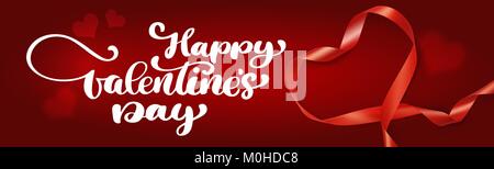 Text Schriftzug Happy Valentines Tag Banner. Realistische tape Ribbon in Form von einem Herz Mesh auf rotem Hintergrund Stock Vektor