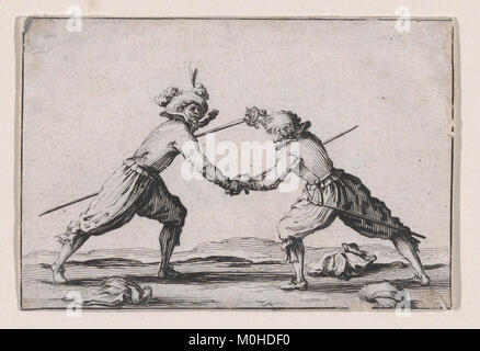 Dieser Druck stammt aus Francisco Goyas Serie *Los Caprichos* (Les Caprices) und zeigt ein Schwertduell, das Goyas Interesse an menschlicher Torheit und Konflikten in seinem satirischen Werk einfängt. Stockfoto