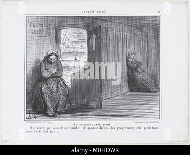 Lithografie mit dem Titel „Les Théâtres au Mois d’Août“ aus der Serie „Croquis d’été“, die am 21. August 1856 in Le Charivari veröffentlicht wurde und die Pariser Theaterkultur während der Sommersaison darstellt. Stockfoto