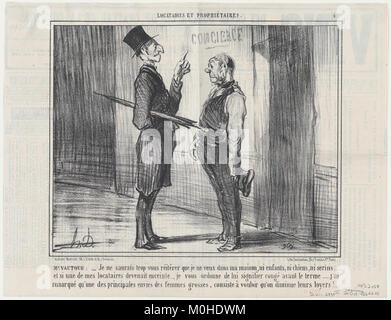 Lithografie von Honoré Daumier aus der Reihe „Locataires et Propriétaires“, veröffentlicht am 20. Oktober 1856 in Le Charivari. Das Kunstwerk satirisiert soziale Interaktionen zwischen Mietern und Vermietern im Frankreich des 19. Jahrhunderts. Stockfoto