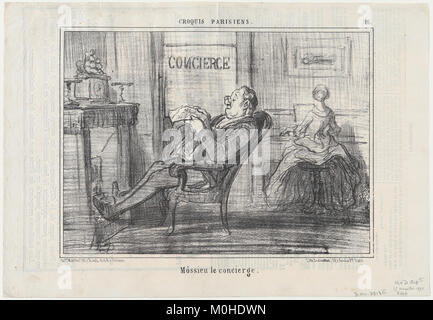 Eine Karikatur mit dem Titel „Monsieur le Concierge“ aus der Serie „Croquis Parisiens“, die 1856 in Le Charivari veröffentlicht wurde, schildert Aspekte des Pariser Alltags. Stockfoto