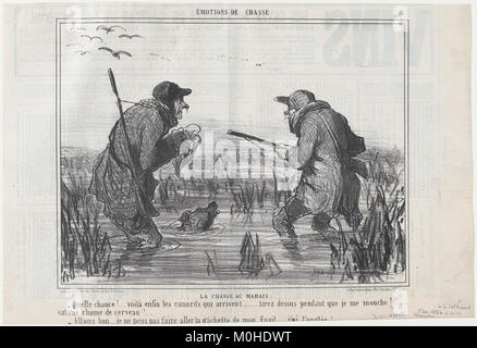 Die Lithografie „La Chasse au Marais – Quelle Chance!...“ aus dem Jahr 1856 Aus *Emotions de Chasse*, veröffentlicht in *Le Charivari*, porträtiert humorvoll eine Jagdszene, die die französische Satire des 19. Jahrhunderts widerspiegelt. Stockfoto