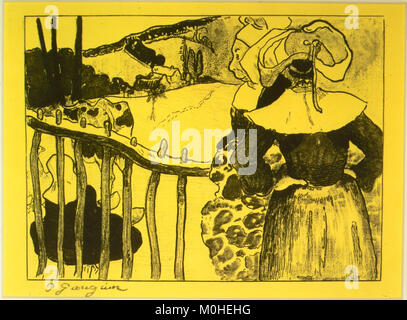 Die Lithografie „Bretons, la Barrière“ von Edgar Degas stammt aus seiner Volpini Suite von 1889-90 und zeigt eine Gruppe bretonischer Frauen in traditioneller Tracht in der Bretagne, Frankreich, die an einem Barrierezaun in ländlicher Umgebung versammelt sind. Stockfoto