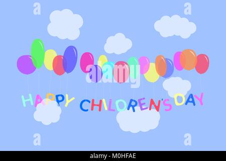 Der glückliche Kinder Tag Buchstaben Abbildung. Mehrfarbige Zeichen an der bunten Ballone in den Himmel mit Wolken gebunden. Vector Hintergrund Stock Vektor