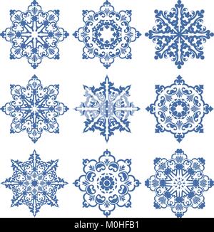 Satz mit 9 dekorativen Elemente oder Schneeflocken Stock Vektor