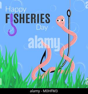Happy Fischerei Tag lustige karte. Vector Illustration für die Welt angeln Urlaub mit Wurm, Haken, Logo und Alga Stock Vektor