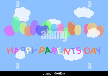 Die glücklichen Eltern Tag Vector Illustration. Mehrfarbige Briefe an der bunten Ballone in den Himmel mit Wolken gebunden. Stock Vektor