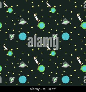 Vektor abstrakte Cartoon nahtlose Muster. Lustige Kosmos Hintergrund mit UFO, Rakete, Planeten und Sterne Elemente Stock Vektor
