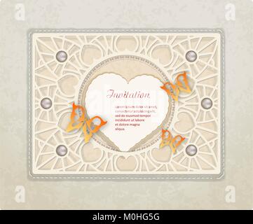 Vintage scrapbooking mit Schmetterlingen, Herz, Perlen und Papier Frame Set. Vector Illustration eines alten Hintergrund. Stock Vektor