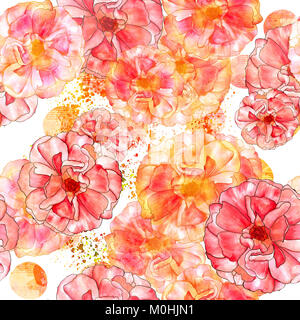 Eine nahtlose Muster mit Aquarell Zeichnungen der blühenden rosa und golden gelbe Rosen im Jugendstil, die Hand auf einen weißen Hintergrund mit Co lackiert Stockfoto