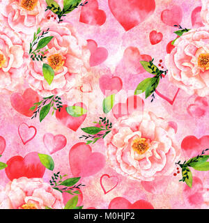 Eine nahtlose Muster mit Aquarell rosa Herzen und schöne Rosen, Hand auf ein Pastell Textur lackiert Stockfoto