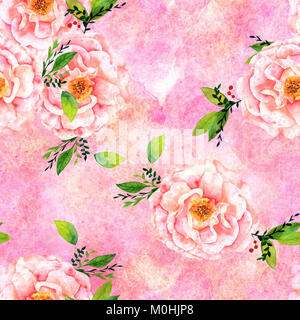 Eine nahtlose Muster mit einem Aquarell Zeichnung eines blühenden rosa Rose mit grünen Zweige und Blätter auf einem pastell Textur mit Farbakzenten Stockfoto