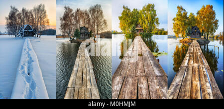 Haus auf einer kleinen Insel. Vier Jahreszeiten. Eine malerische Hütte in allen Jahreszeiten Stockfoto