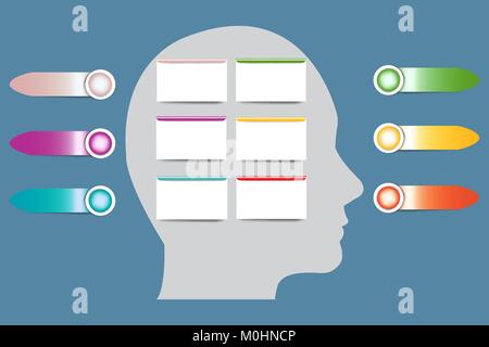 Der Mann Kopf Silhouette mit leere Rechtecke von bunten Etiketten bereit für Ihren Text umgeben. Stock Vektor
