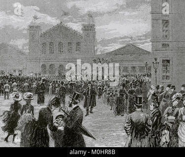 Spanien. Katalonien. Barcelona. Abschlussfeier der Weltausstellung von 1888. Plenarsaal Platz anlässlich der Auslegung der "Hymne an die Ausstellung". Kupferstich von Asarta. 'La Ilustracion Iberica", 1888. Stockfoto