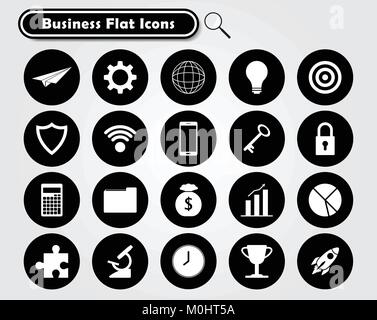 Vector Illustration Bereit-zu-mit 21 weißen Business Flat Symbole auf Schwarze Kreise entworfen, als mehrere Objekte in Arbeit, Startup, Finanzen beteiligt. Stock Vektor