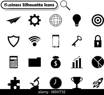 Vector Illustration Bereit-zu-Einsatz 21 Silhouette Business Flat Icons entworfen, als mehrere Objekte in Arbeit, Startup, Finanzen, Sicherheit der Daten beteiligt. Stock Vektor