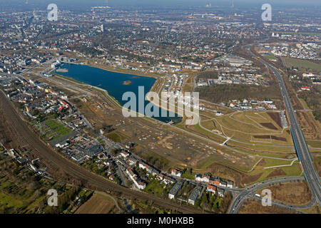 Luftaufnahme, Phoenix See Phoenix See, Emscher, Dortmund Hörde, Wohnbebauung am See, Hörder Burg, Dortmund, Ruhrgebiet, Nordrhein Stockfoto