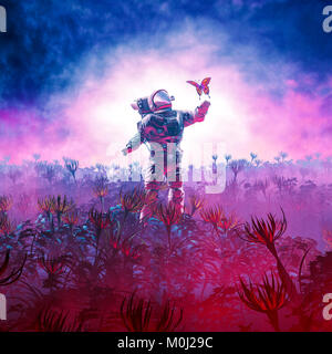 Die exkursion/3D-Darstellung der Astronaut die Begegnung mit Schmetterling in fremden Landschaft Stockfoto