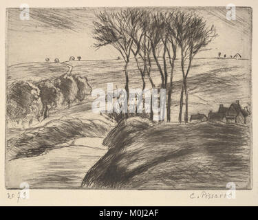 Ein Landschaftsgemälde, das einen ruhigen Blick auf Osny, eine Gemeinde in der französischen Region Île-de-France, zeigt. Das Kunstwerk hebt die natürliche Landschaft und die ruhige ländliche Atmosphäre hervor, die typisch für Nordfrankreich ist. Stockfoto