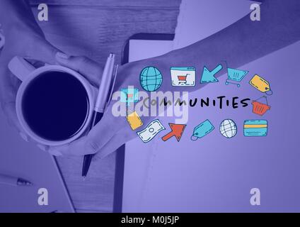 Hand mit Kaffee und Stift mit Grafik Overlays Stockfoto