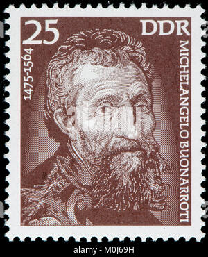 Ddr-Briefmarke (1975): Michelangelo (di Lodovico Buonarroti Simoni) (1475-1564), italienischer Bildhauer, Maler, Architekt Stockfoto