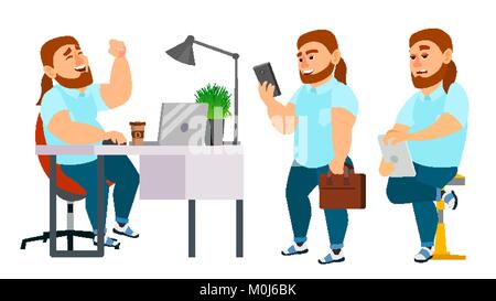 Business Mann Charakter Vektor. Arbeiten Menschen. Fett, Bärtigen. Umwelt Prozess Creative Studio. Programmierung, Planung. Volle Länge. Designer, Manager. Posen. Flache Cartoon Business Abbildung Stock Vektor
