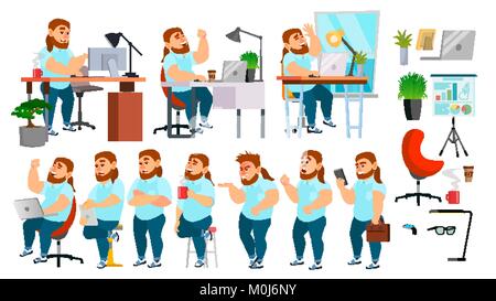 Business Mann Charakter Vektor. Die arbeitenden Menschen. Büro, Creative Studio. Fett, Bärtigen. Geschäftslage. Programmierer, Designer, Manager. Unterschiedliche Haltungen, Emotionen. Zeichentrickfigur Abbildung Stock Vektor