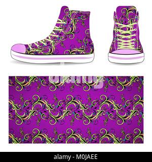Sneakers mit lila nahtlose Blumenmuster, Vector Illustration auf weißem Hintergrund. Stock Vektor