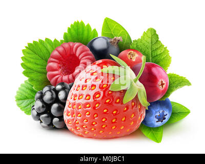 Isolierte frischen Beeren. Stapel der Erdbeere, Brombeere, Himbeere, schwarze und rote Johannisbeere, Preiselbeere und Blaubeere Früchte mit Blättern isoliert auf weißem Stockfoto