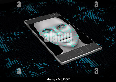 Smartphone mit Gesichtserkennung auf dem Bildschirm. 3D-Rendering Stockfoto