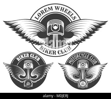 Satz von biker club Embleme mit winged Kolben. Elemente für motorwork, Biker, Custom garage Thema. Vector Illustration. Stock Vektor