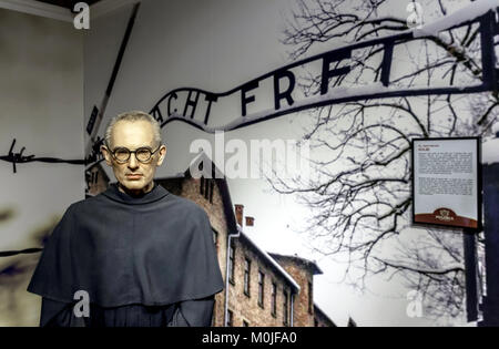 Wax Statue des hl. Maximilian Maria Kolbe an der Krakauer Wax Museum - Krakau, Polen. Stockfoto