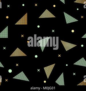 Zusammenfassung nahtlose, sich wiederholendes Muster mit Dreiecken in gold Glitter und Schwarz auf schwarzem Hintergrund. Stock Vektor