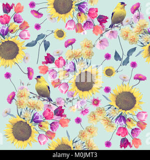 Nahtlose florales Muster mit Vögeln. Endlose Textur für Ihr Design. Stockfoto