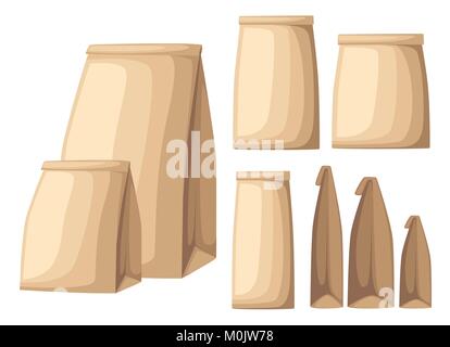 Sammlung von braun recycled Eco papiertragetasche Seitenansicht und Frontansicht flachbild Vector Illustration auf weißem Hintergrund Web site Seite und mobile App Design Stock Vektor