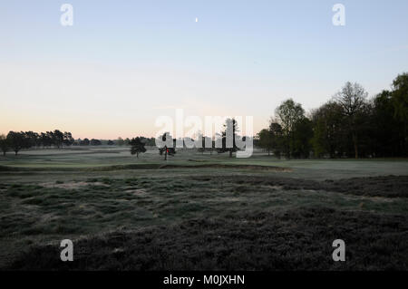 Blick über Heather zur 1. Grün auf dem neuen Kurs an einem frostigen Morgen und Blick über die Golfplätze, Walton Heath Golf Club, Walton-on-the- Stockfoto