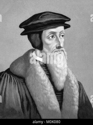 Johannes Calvin (1509-1564), Porträt des französischen Theologen und Reformator. Ein 1886 Kupferstich von John sartain aus einem original Gemälde von Hans Holbein dem Jüngeren. Stockfoto