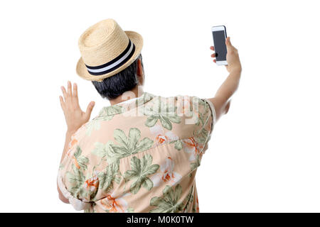 Die asiatische älterer Mann in der legere Kleidung auf den weißen Hintergrund. Stockfoto
