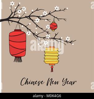 Das chinesische Neujahr Grußkarte, Einladung mit Hand gezeichnet Papierlaternen und blooming cherry tree branch. Asiatisches Design. Vector Illustration Hintergrund. Stock Vektor